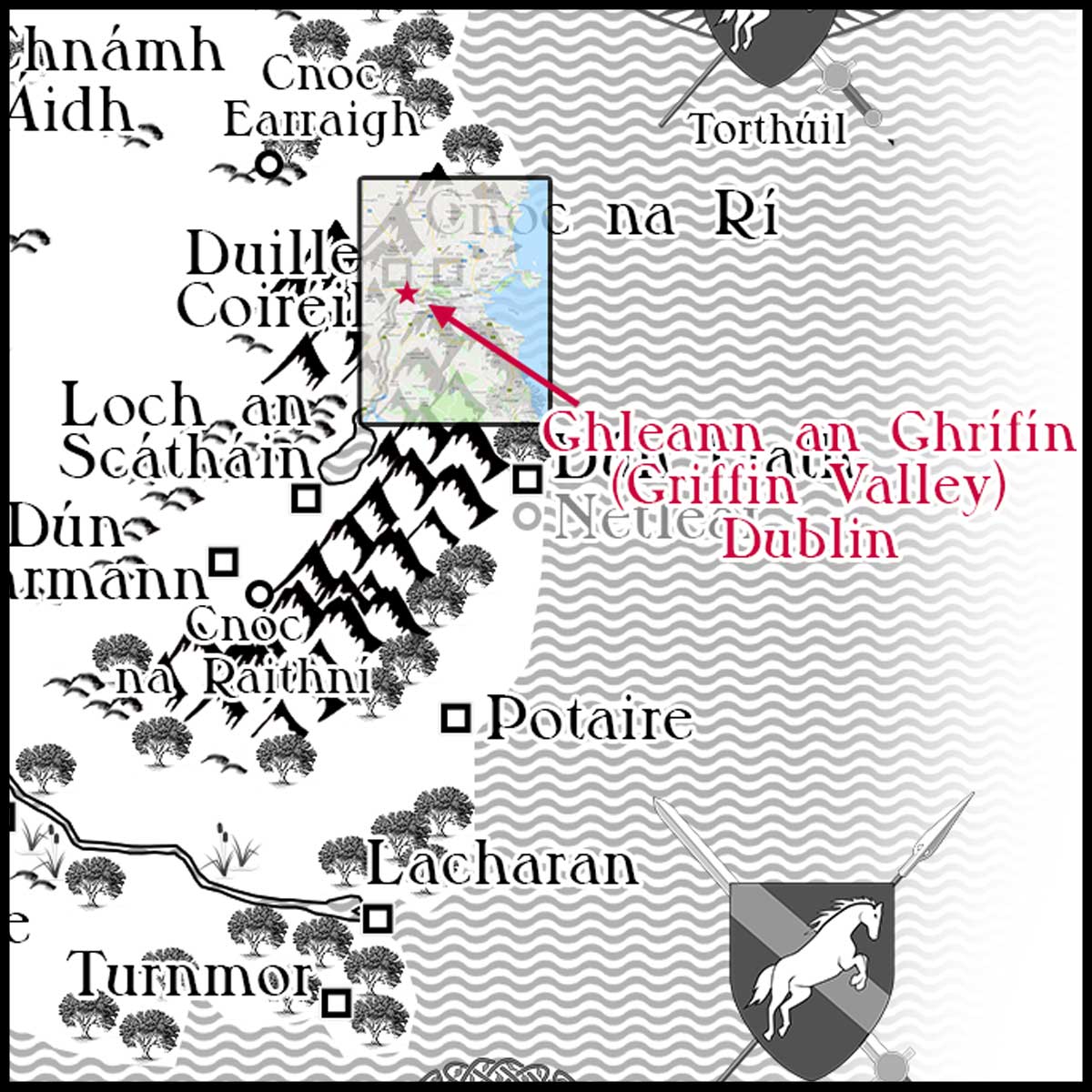 Rathúnas's River Valley and griffin roost serendipitously match the exact location of Ireland's Ghleann an Ghrífín or Griffeen Valley / Griffin Valley